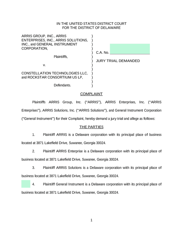 Complaint   ARRIS Group, Inc. V. Constellation Technologies LLC And Rockstar Consortium US LP screenshot