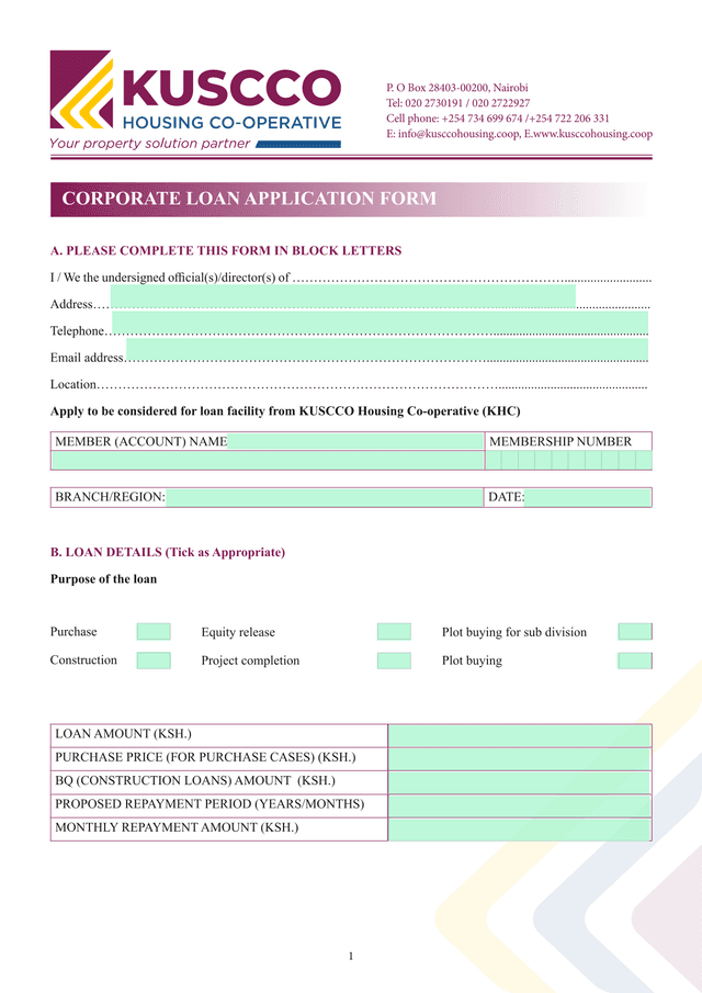 CORPORATE LOAN APPLICATION FORM screenshot