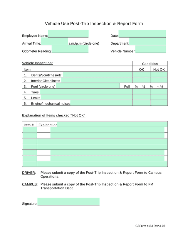 Vehicle Use Post Trip Inspection  Report Form screenshot