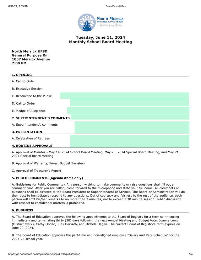 Monthly School Board Meeting Agenda screenshot