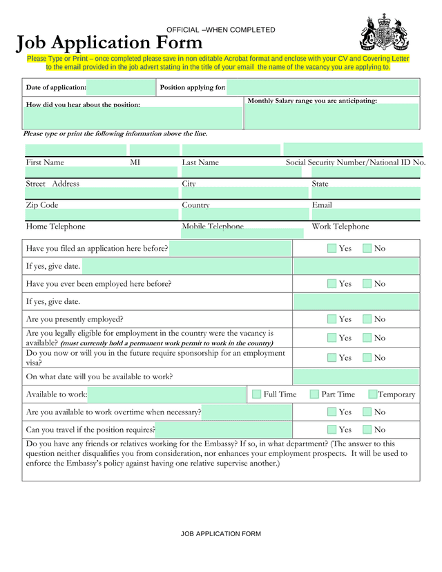 JOB APPLICATION FORM screenshot