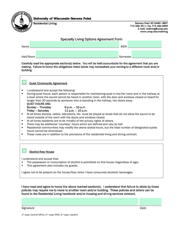 Specialty Living Options Agreement Form screenshot