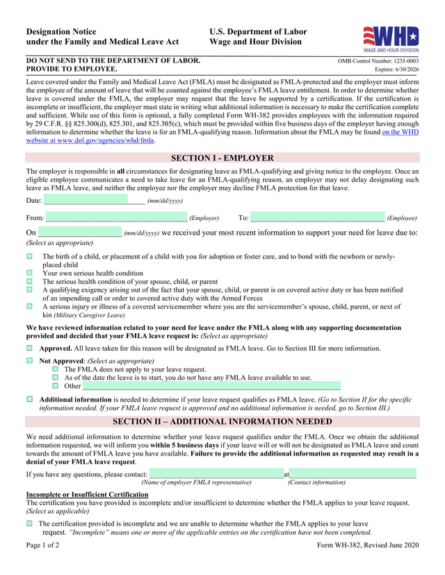 FMLA Designation Notice (WH 382) screenshot