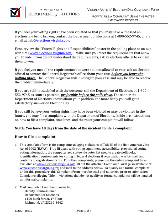 Virginia Voters Election Day Complaint Form screenshot