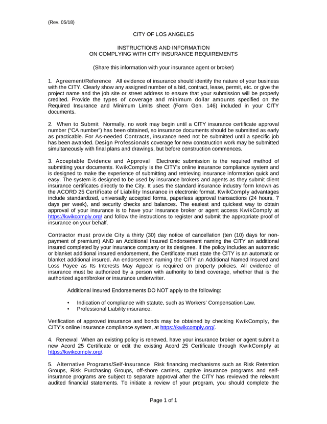 CITY OF LOS ANGELES INSTRUCTIONS AND INFORMATION ON COMPLYING WITH CITY INSURANCE REQUIREMENTS screenshot