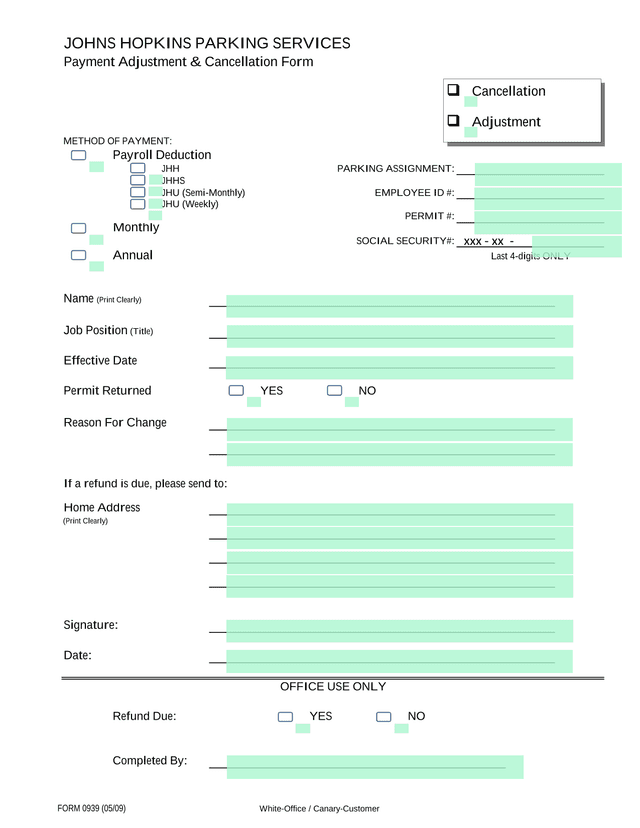 FORM 0939 Payment Adjustment  Cancellation Form screenshot