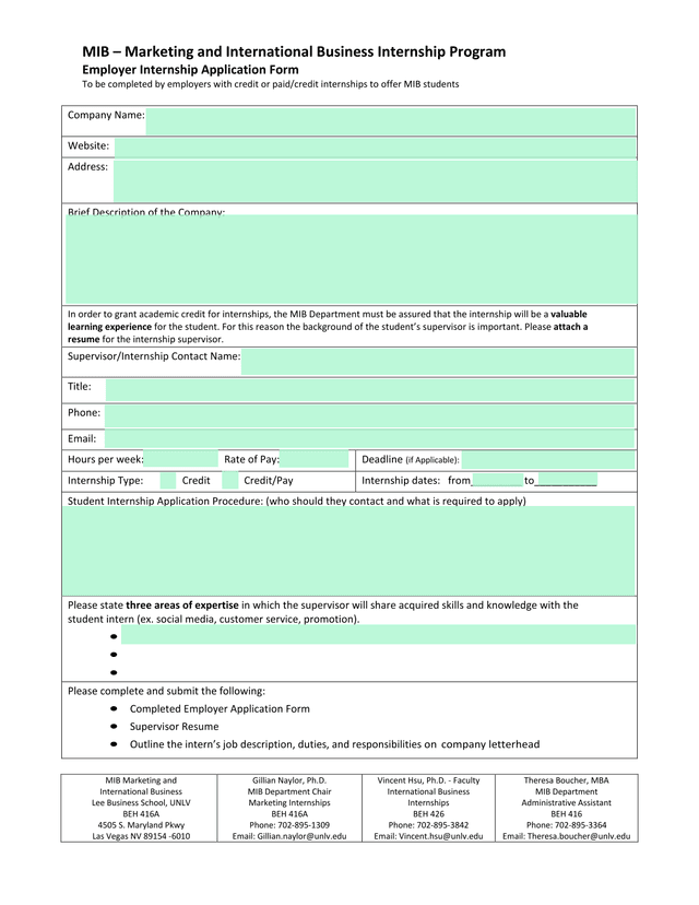 MIB  Marketing And International Business Internship Program Employer Internship Application Form screenshot