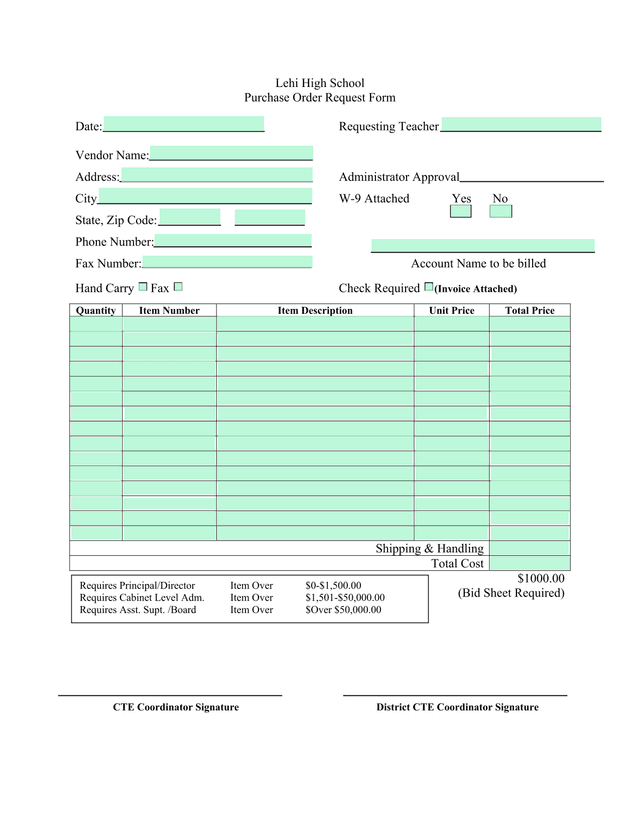 Lehi High School Purchase Order Request Form screenshot
