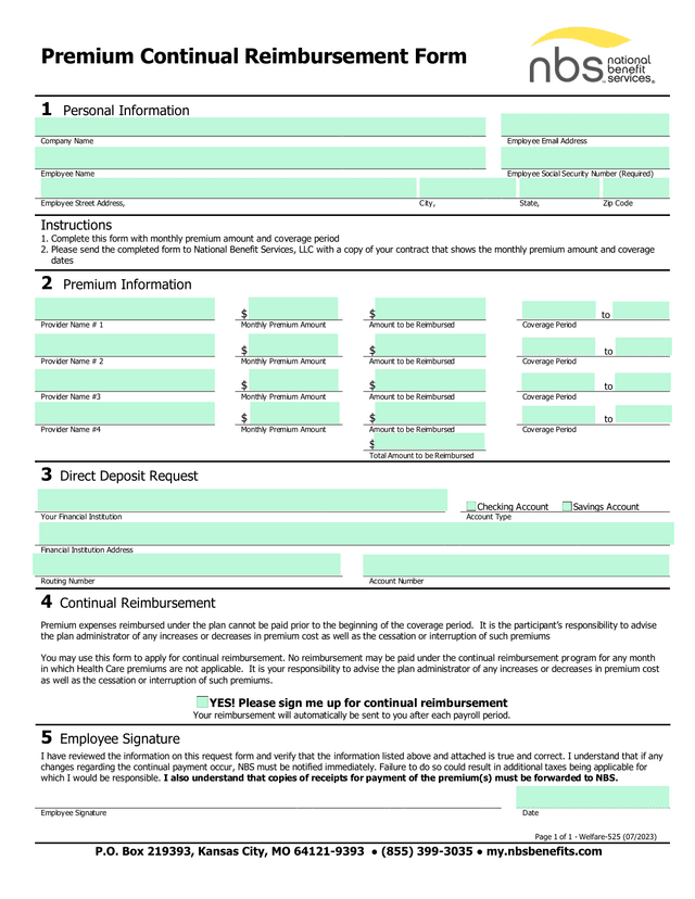 Premium Continual Reimbursement Form screenshot