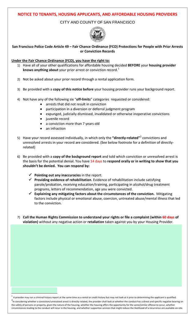 Fair Chance Ordinance (FCO) Notice To Tenants, Housing Applicants, And Affordable Housing Providers screenshot