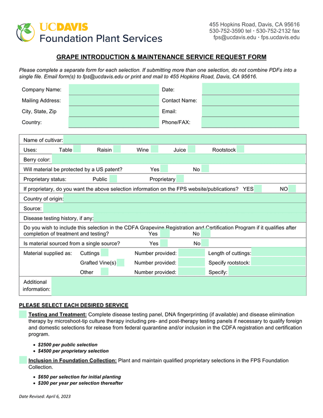 Grape Introduction  Maintenance Service Request Form screenshot
