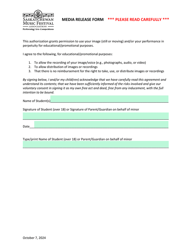 Media Release Form screenshot