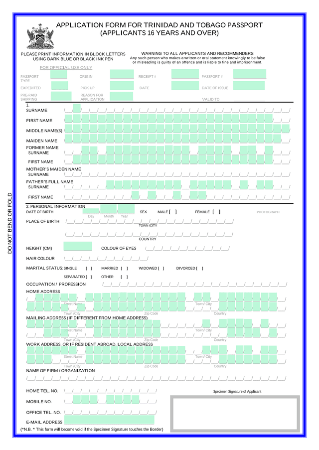 APPLICATION FORM FOR TRINIDAD AND TOBAGO PASSPORT (APPLICANTS 16 YEARS AND OVER) screenshot