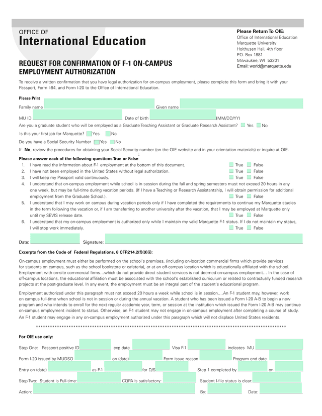 On Campus Employment Authorization Form screenshot