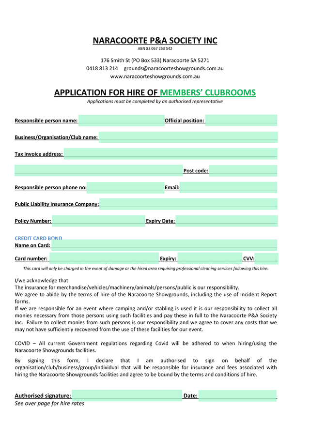 APPLICATION FOR HIRE OF MEMBERS CLUBROOMS screenshot