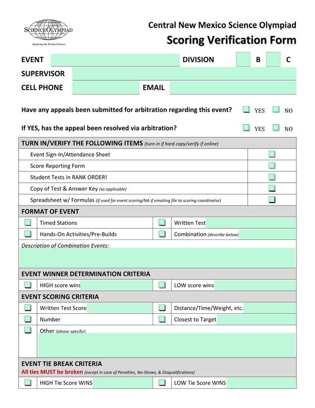 Central New Mexico Science Olympiad Scoring Verification Form screenshot