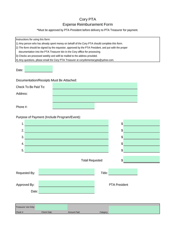 Cory PTA Expense Reimbursement Form screenshot