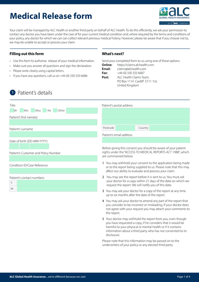 Medical Release Form screenshot