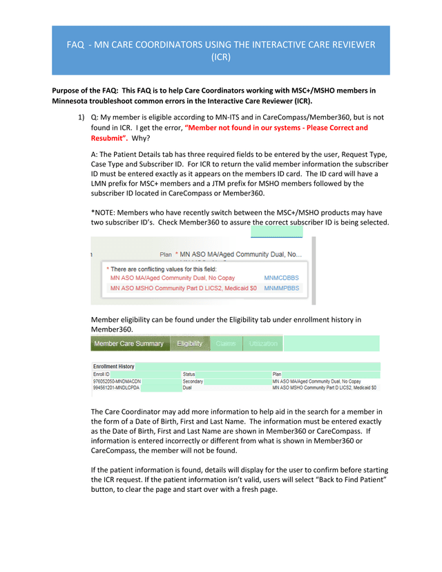 FAQ   MN Care Coordinators Using The Interactive Care Reviewer (ICR) screenshot