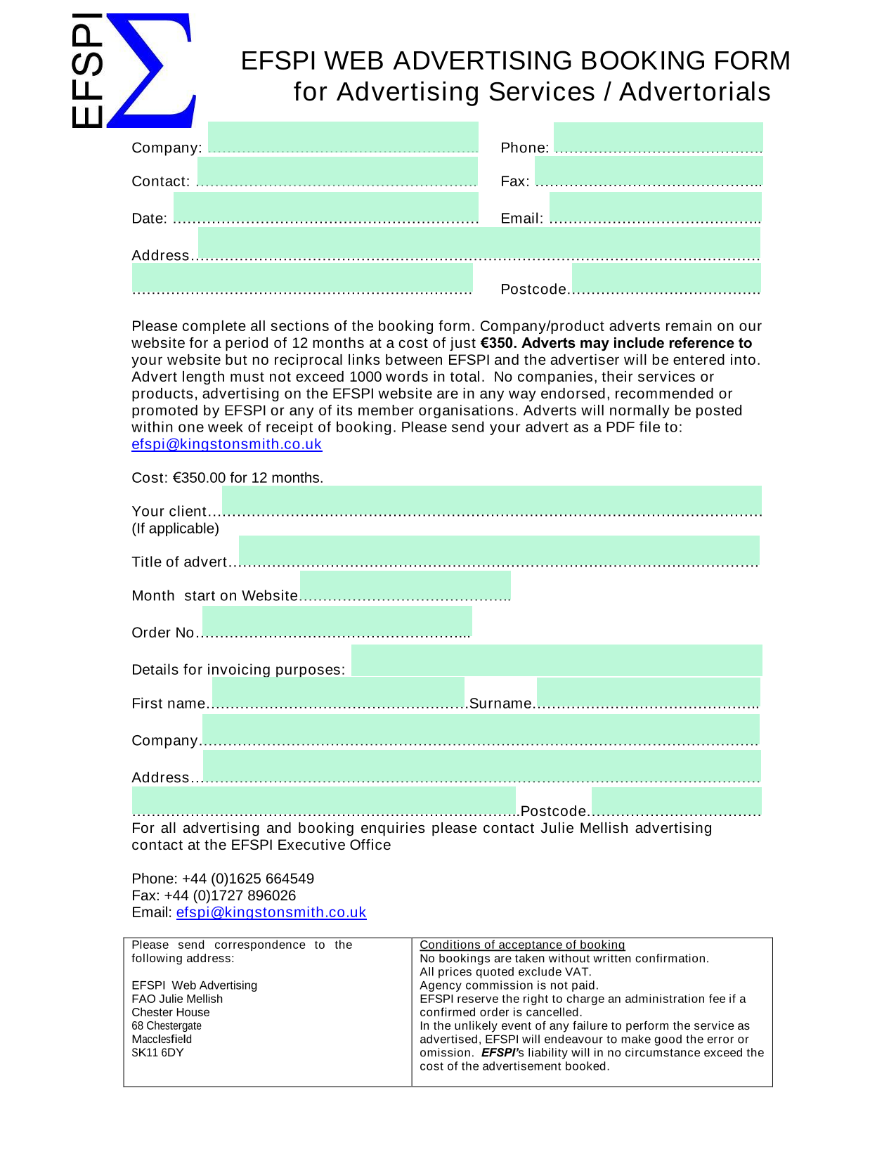 EFSPI Web Advertising Booking Form screenshot