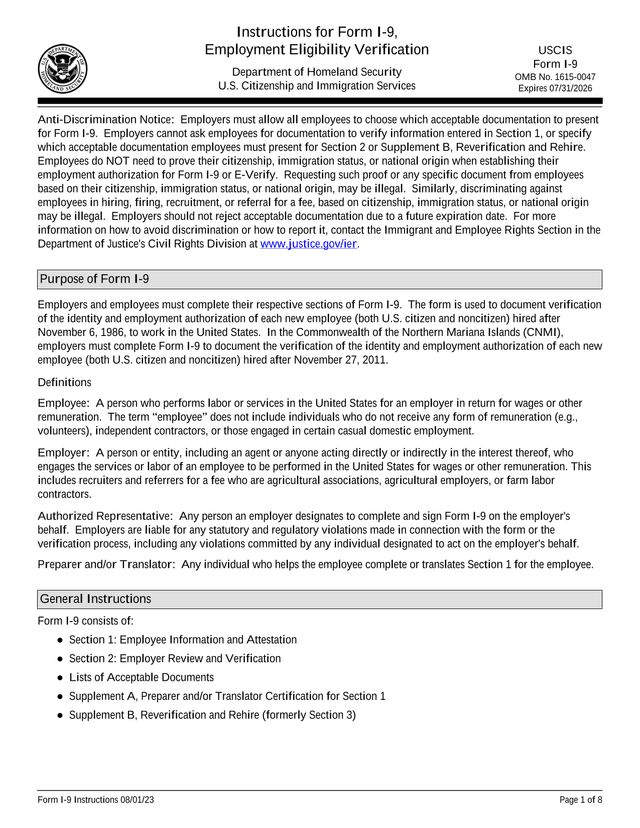 Form I 9 Instructions screenshot