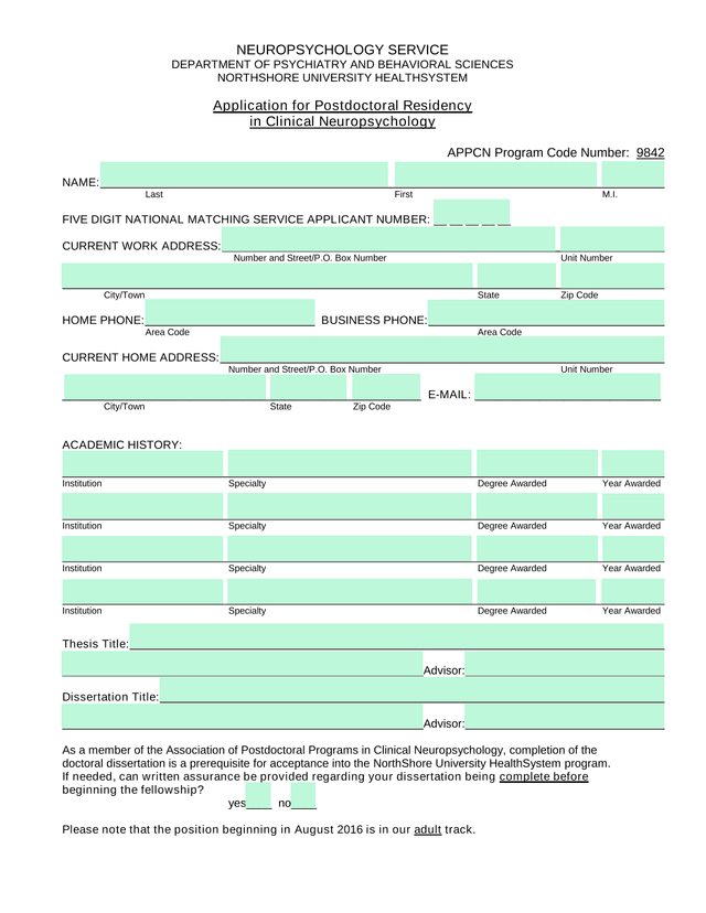 Application For Postdoctoral Residency In Clinical Neuropsychology screenshot