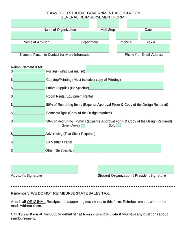Texas Tech Student Government Association General Reimbursement Form screenshot