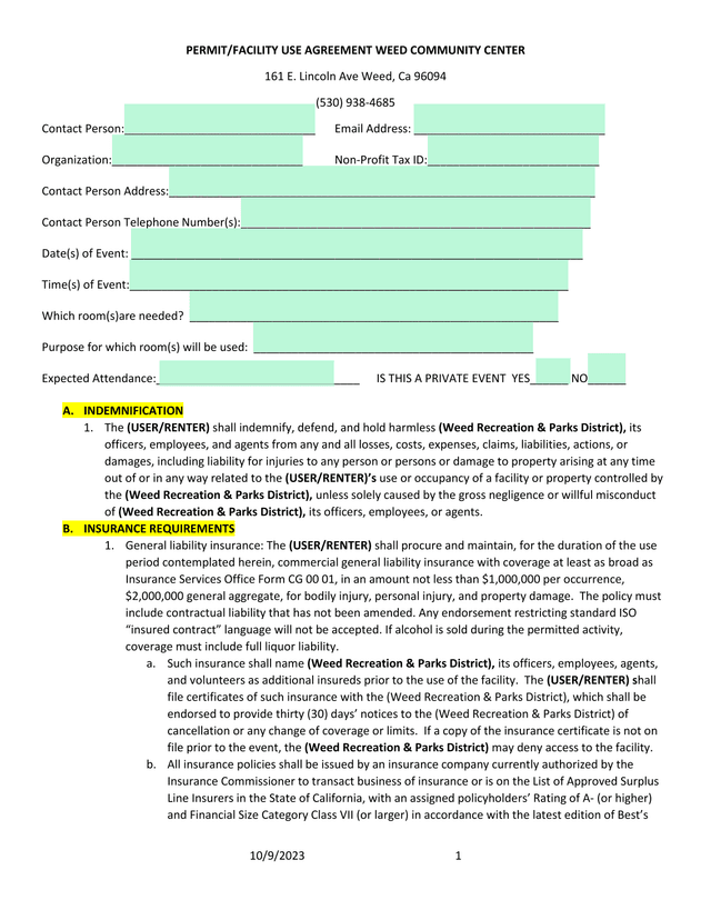 PERMITFACILITY USE AGREEMENT WEED COMMUNITY CENTER screenshot