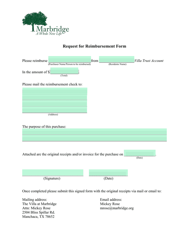 Request For Reimbursement Form screenshot