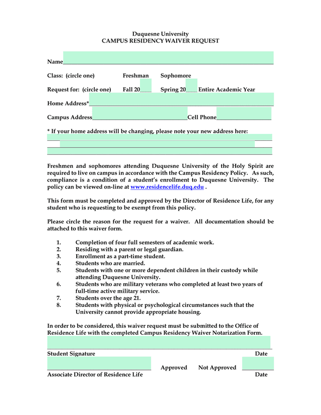 Duquesne University Campus Residency Waiver Request screenshot