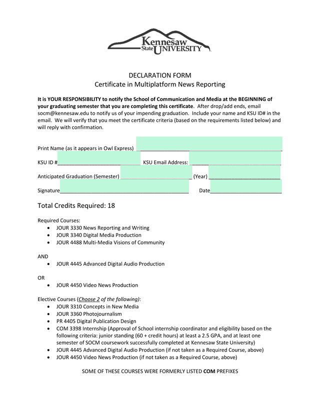 Certificate In Multiplatform News Reporting Declaration Form screenshot