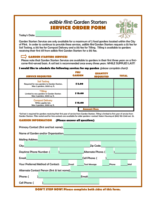 Edible Flint Garden Starters SERVICE ORDER FORM screenshot