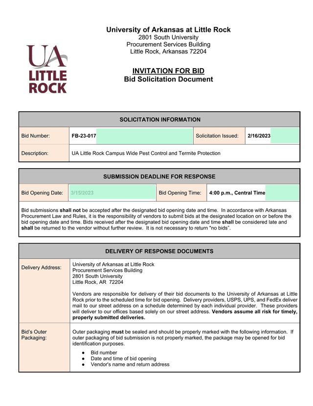 Invitation For Bid UA Little Rock Campus Wide Pest Control And Termite Protection screenshot