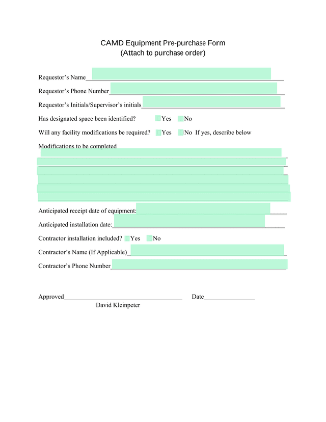 CAMD Equipment Pre Purchase Form screenshot