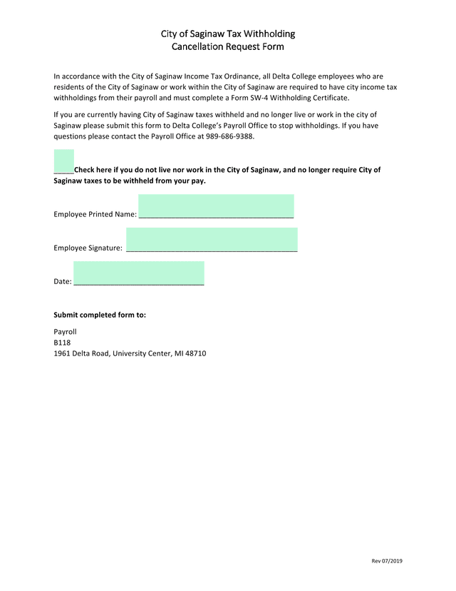 City Of Saginaw Tax Withholding Cancellation Request Form screenshot