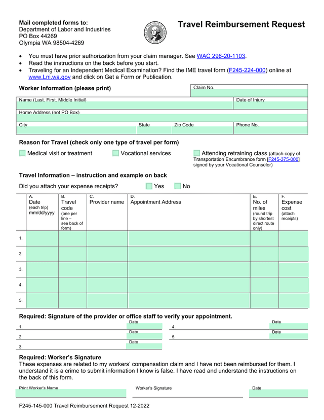 F245 145 000 Travel Reimbursement Request screenshot