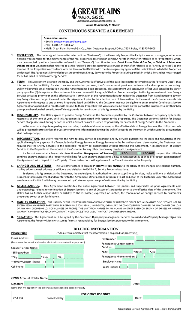 Continuous Service Agreement Form screenshot