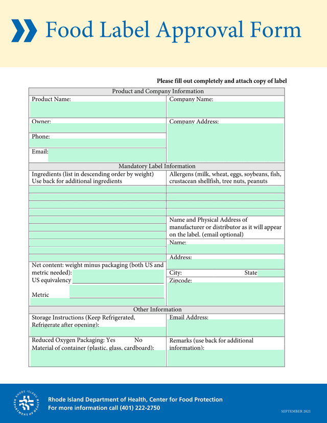 Food Label Approval Form screenshot