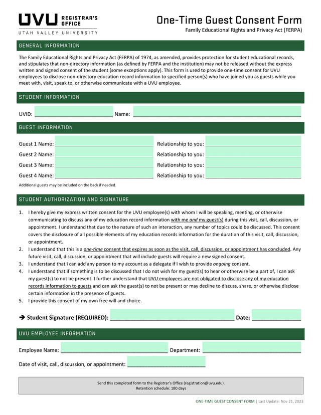 One Time Guest Consent Form screenshot