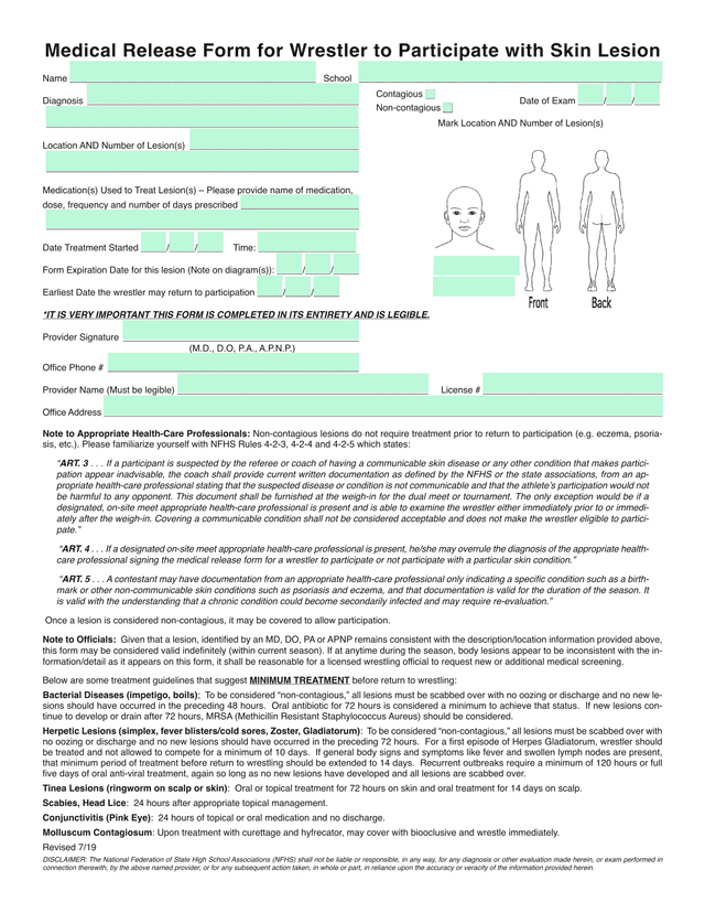 Medical Release Form For Wrestler To Participate With Skin Lesion screenshot
