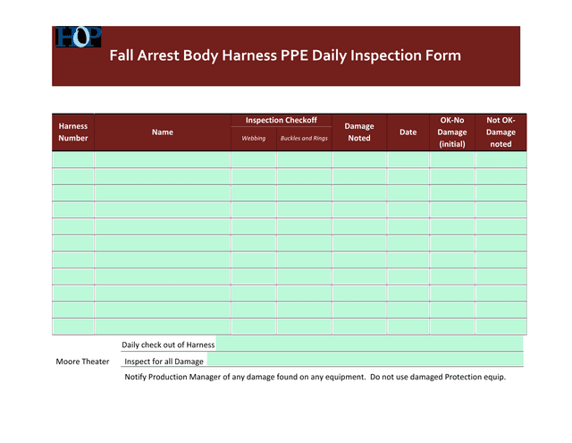 Fall Arrest Body Harness PPE Daily Inspection Form screenshot
