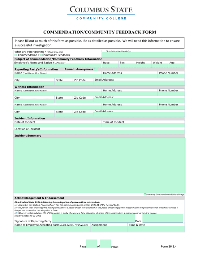 CommendationCommunity Feedback Form screenshot