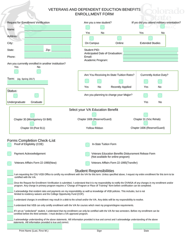Veterans And Dependent Education Benefits Enrollment Form screenshot