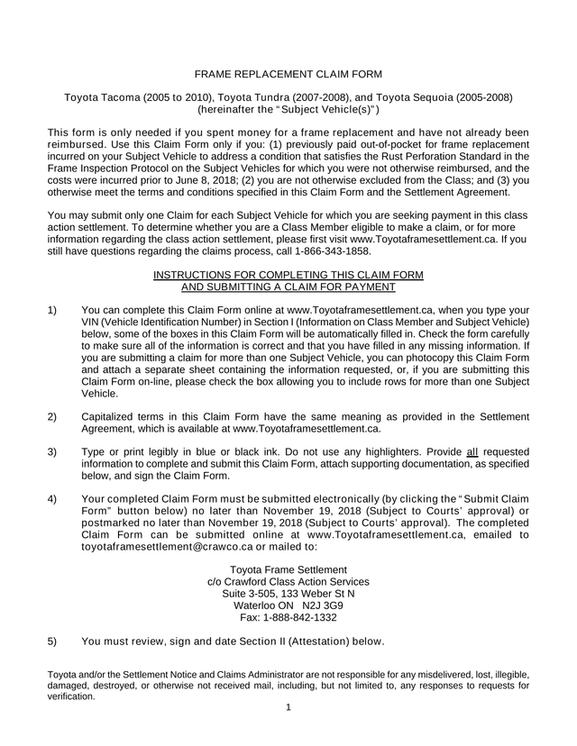 Frame Replacement Claim Form screenshot