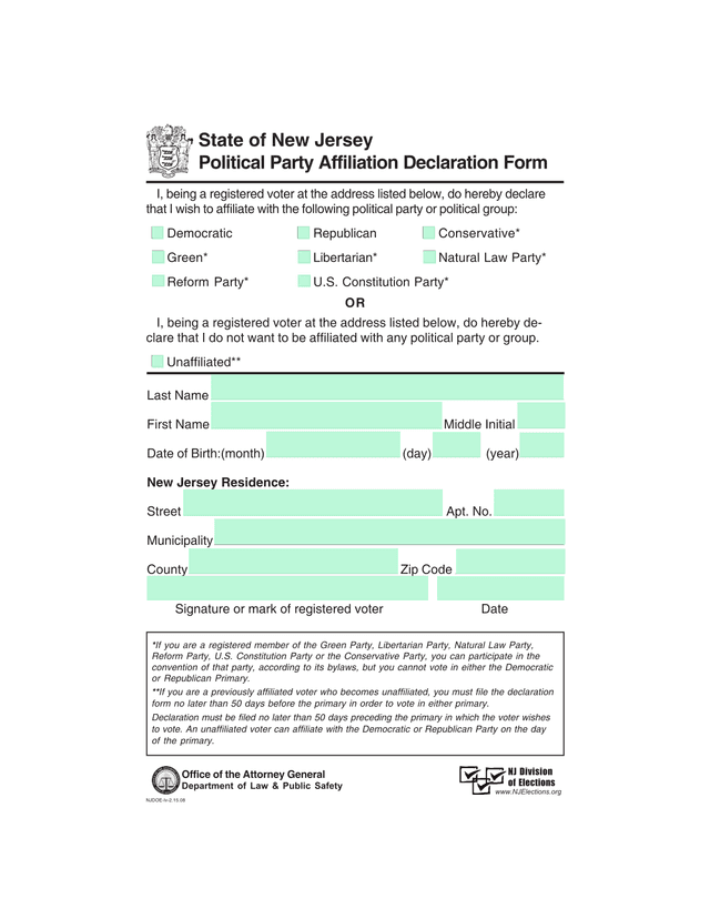 Political Party Affiliation Declaration Form screenshot