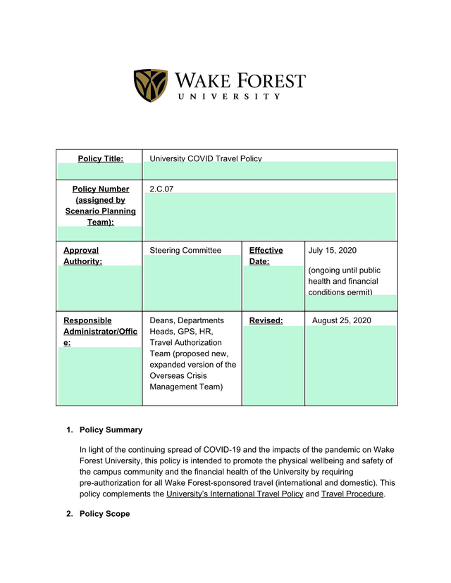 University COVID Travel Policy screenshot