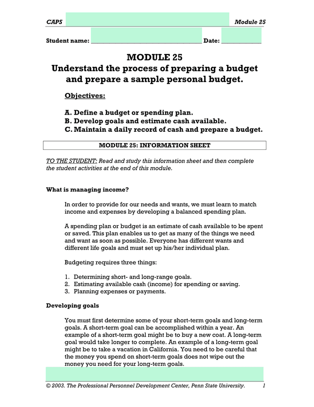 Module 25 Understand The Process Of Preparing A Budget screenshot