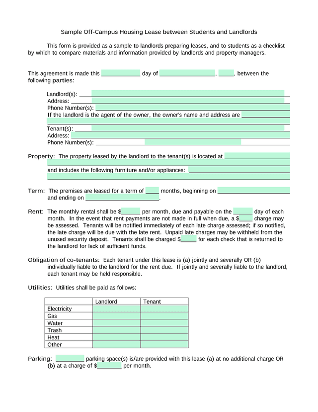 Sample Off Campus Housing Lease Between Students And Landlords screenshot