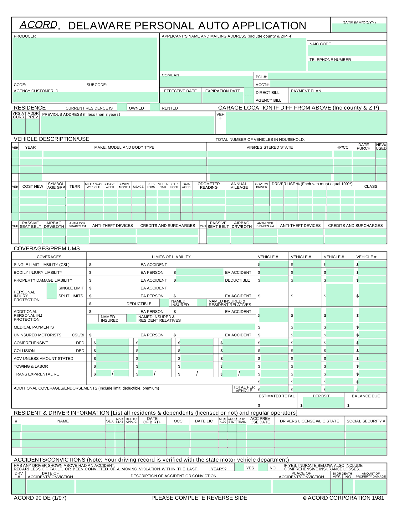 Delaware Personal Auto Insurance Application (ACORD 90 DE) screenshot
