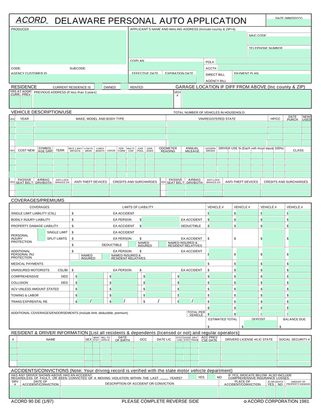 Delaware Personal Auto Insurance Application (ACORD 90 DE) screenshot